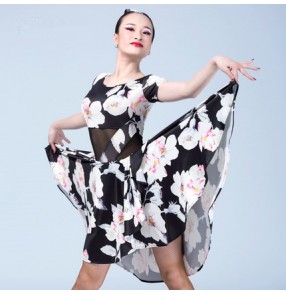 White floral black short sleeves big swing women's ladies female competition professional performance latin dance dresses